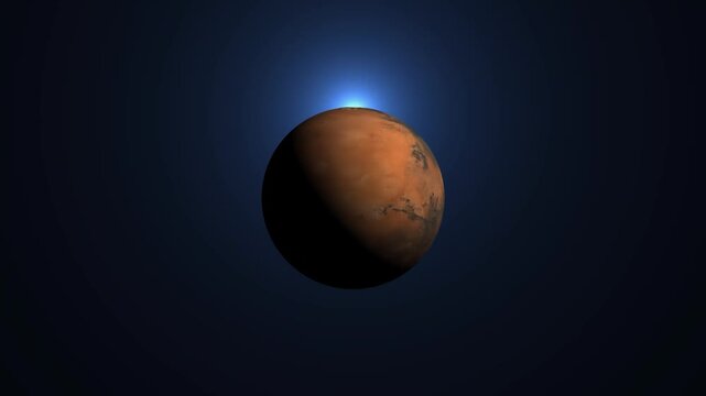 Mars planet animation. Solar eclipse with glowing blue light ring in dark space background