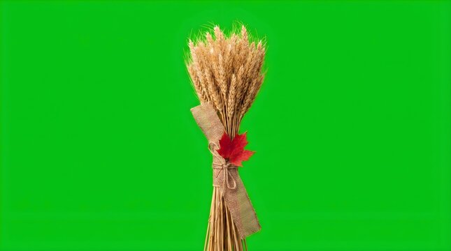 Bundle of golden dried wheat with burlap and red maple leaf on green background