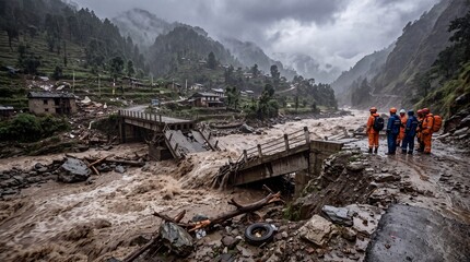 Obraz premium Devastating Flash Flood Destroys Bridge in Mountainous Nepal