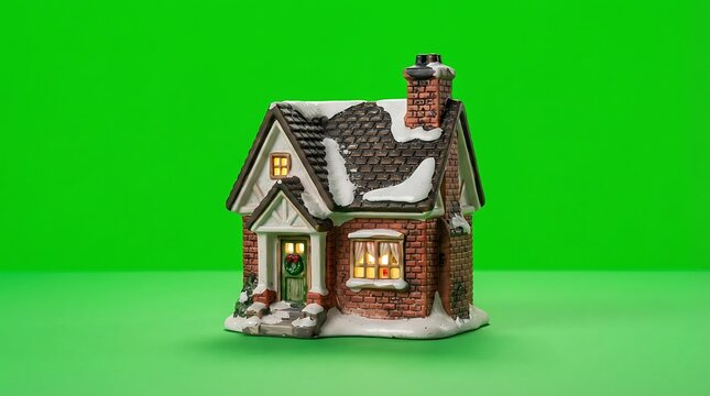 A miniature winter cottage model isolated on a bright green chroma key screen