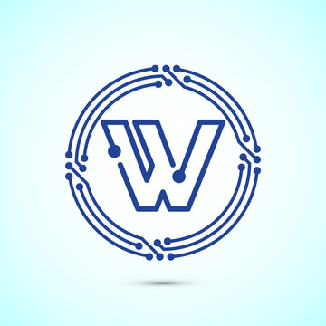 Digital circuit letter W logo blue technology symbol for internet network service.