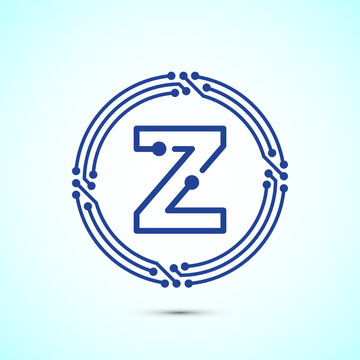 Digital technology letter Z icon with blue circuit board lines for tech projects.