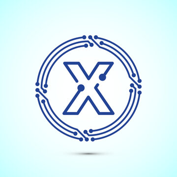 Digital technology letter X icon with blue circuit board lines for tech projects.