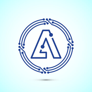 Abstract blue technology logo with letter a encased in circuit board circles.