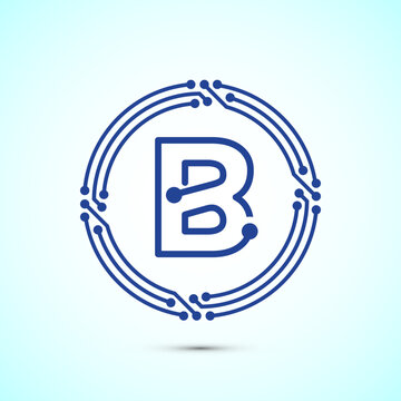 Abstract blue technology logo with letter b encased in circuit board circles.