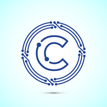 Abstract blue technology logo with letter c encased in circuit board circles.