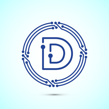 Abstract blue technology logo with letter d encased in circuit board circles.
