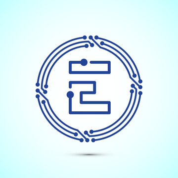 Abstract blue technology logo with letter e encased in circuit board circles.