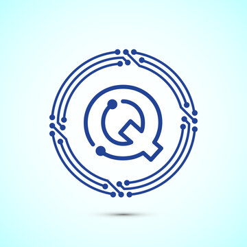 Letter Q stylized with digital circuit board blue lines for technology branding.