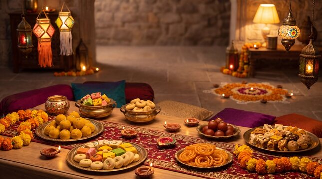 Traditional Indian mithai and festive Diwali sweets spread in brass serving platters with glowing clay diyas, fresh marigolds, lanterns, and upper copy space