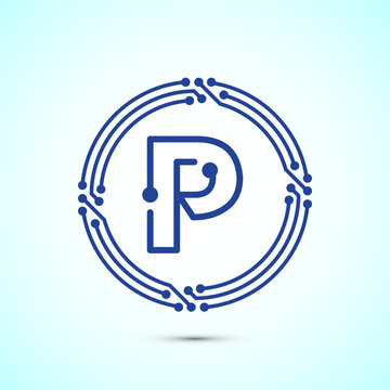 Letter p stylized with digital circuit board blue lines for technology branding.