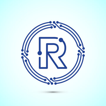 Circuit board letter R logo blue line technology icon for digital brand identity.