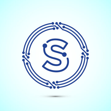 Modern circuit letter S symbol blue technology logo for electronic software brand.