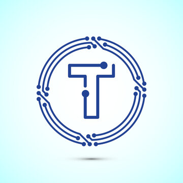Blue line circuit letter T icon technology logo for digital data network branding.