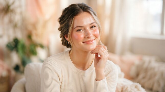 Bright, cheerful young woman smiling in soft natural lighting, perfect for lifestyle marketing, website banners, or cozy home office backdrops.
