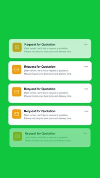 Smartphone notification cards popping up in sequence on a green screen background with business quotation request text for video overlay.
