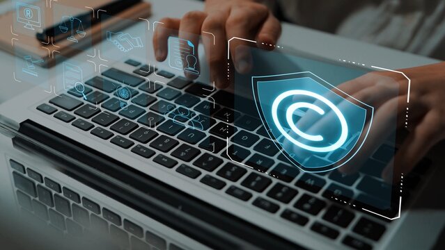 Digital copyright protection system showing secure ownership, intellectual property rights, content verification, and legal warning icons for creators and publishers Marrow