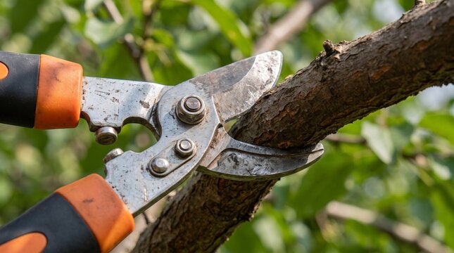 Gardener Pruning Fruit Tree Branches With Sharp Garden Shears In Orchard