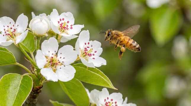 Close up of a honey bee approaching white pear tree blossoms in full bloom spring