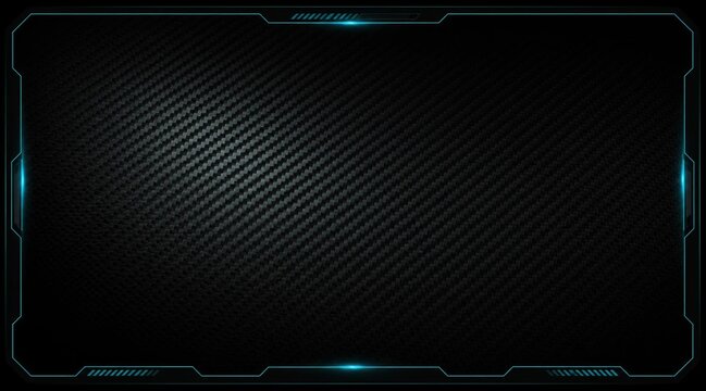 Abstract dark carbon fiber background with futuristic blue neon glowing border frame.