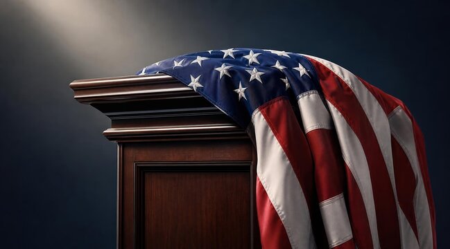 American flag draped over a wooden judicial podium in a dark courtroom.
