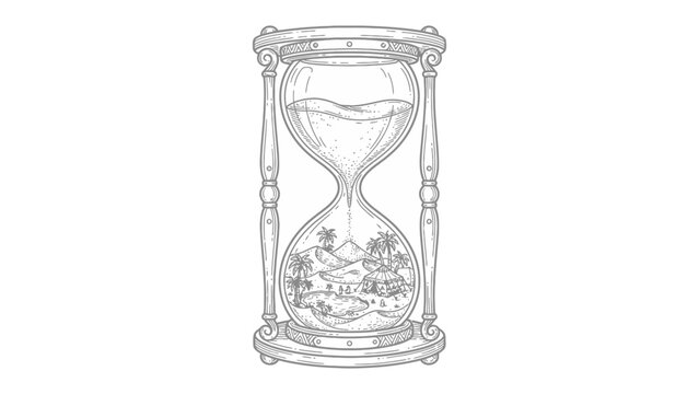Island Timeglass: An intricate sketch of an hourglass reveals a miniature island paradise within, juxtaposing the concept of passing time with a serene, tropical landscape.