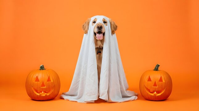 Golden retriever dog dressed as a ghost for halloween