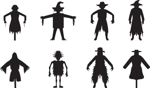 WebProfessional scarecrow silhouettes vector bundle featuring spooky autumn harvest guardian and farm scarecrow characters on white background.