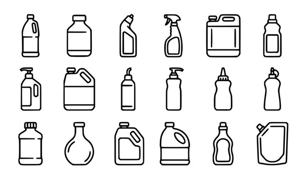 Cleaning Chemical and Bleach Bottle Editable Outline Icon Collection