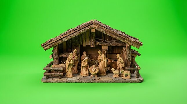 Miniature wooden nativity scene isolated against a vibrant green background