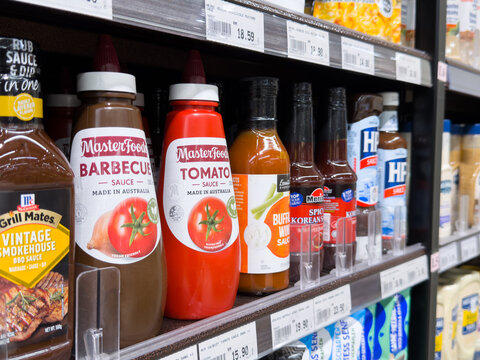 PENANG, MALAYSIA - MAY 25, 2026: MasterFoods barbecue and tomato sauces displayed on supermarket grocery shelf.