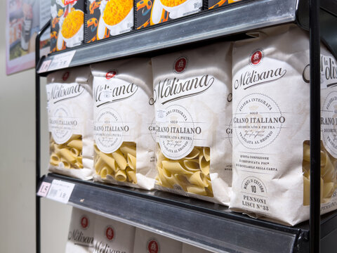 PENANG, MALAYSIA - MAY 25, 2026: La Molisana Italian pasta packages displayed on supermarket grocery shelf.