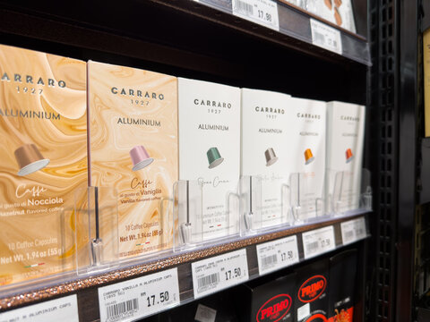 PENANG, MALAYSIA - MAY 25, 2026: Carraro coffee capsules displayed on supermarket retail shelf.