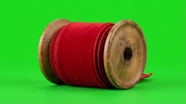 A vintage wooden spool wrapped with vibrant red velvet fabric ribbon