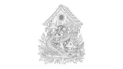 Fototapeta premium Whimsical Mushroom Village Illustration: A charming, intricately detailed illustration depicts a tiny village nestled within a mushroom, complete with winding paths, whimsical structures.
