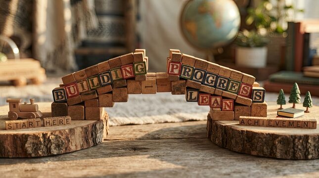 Wooden blocks bridge with building progress lean and achievement text
