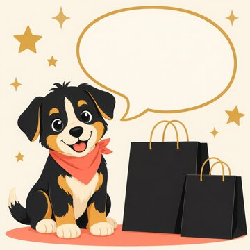 Cute Puppy with Black Shopping Bags in Flat Vector Sale Illustration