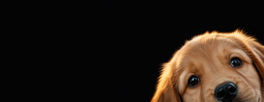 Cute Puppy Face on Minimal Black Background with Wide Copy Space