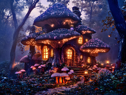 Enchanted Fairy Tale Cottage with Glowing Mushrooms in a Magical Forest