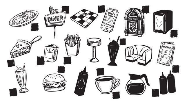 Retro diner menu items and american cafe symbols hand drawn vector doodle set for vintage themes.