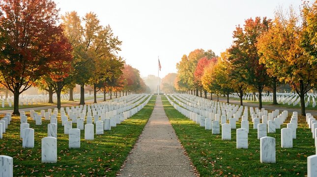 Arlington Cemetery Autumn Rows Of Headstones Path American Flag Sunrise
