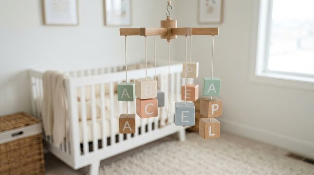 Wooden alphabet baby mobile hanging above a white crib in nursery