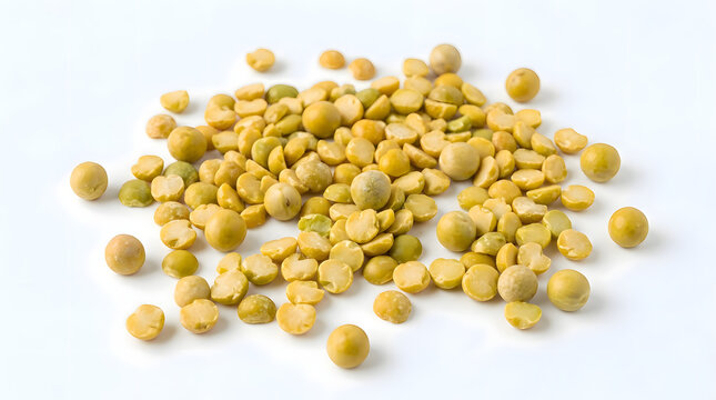 Pile of dried split yellow peas scattered on a white background for healthy food cooking