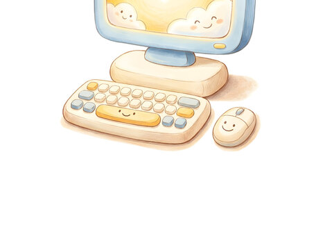 Cute cartoon computer workstation with soft colors and clouds for kids education design.