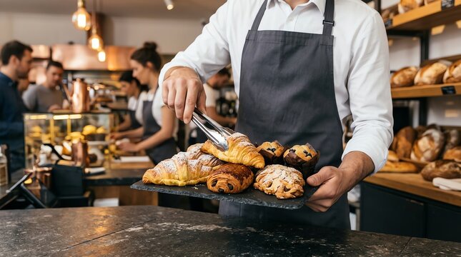 Baker Serving Fresh Croissants and Pastries in a Bakery