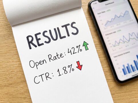 A notepad displaying handwritten email marketing results alongside a smartphone showing analytical charts