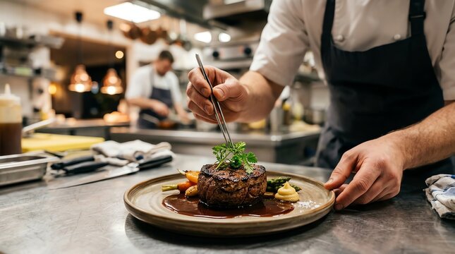 Chef garnishing gourmet steak dinner with fresh herbs in professional kitchen