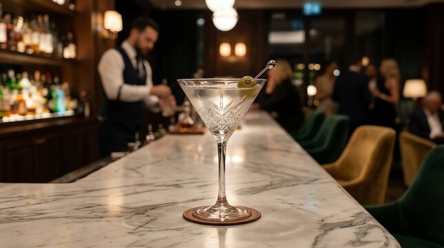 Classic Martini cocktail on marble bar counter, bartender preparing drinks in background