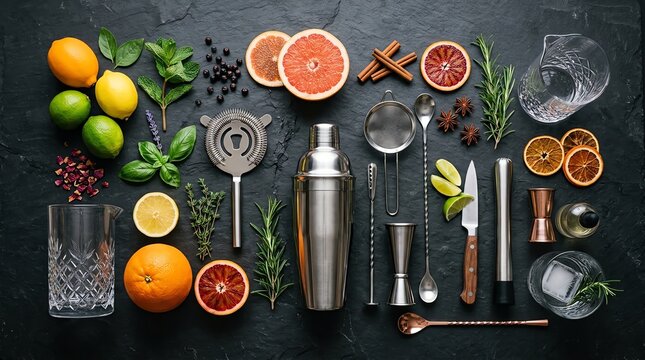 Cocktail Making Set with Fresh Fruits and Herbs on Dark Background