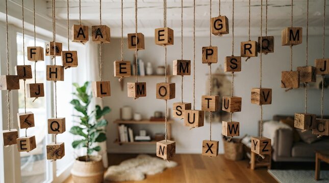 Wooden alphabet blocks hanging from ceiling in cozy living room
